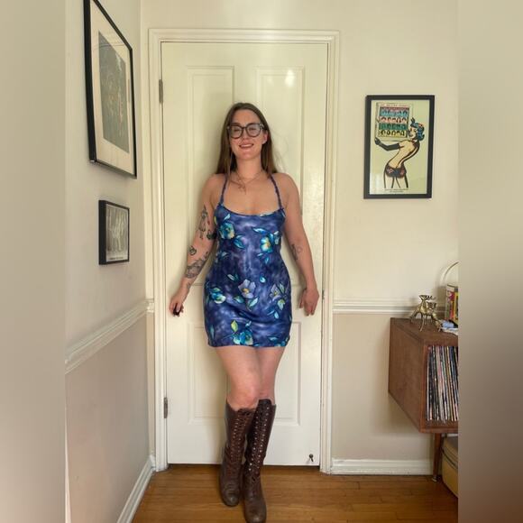 90s Vintage Satin Floral Mini Dress - Picture 2 of 7